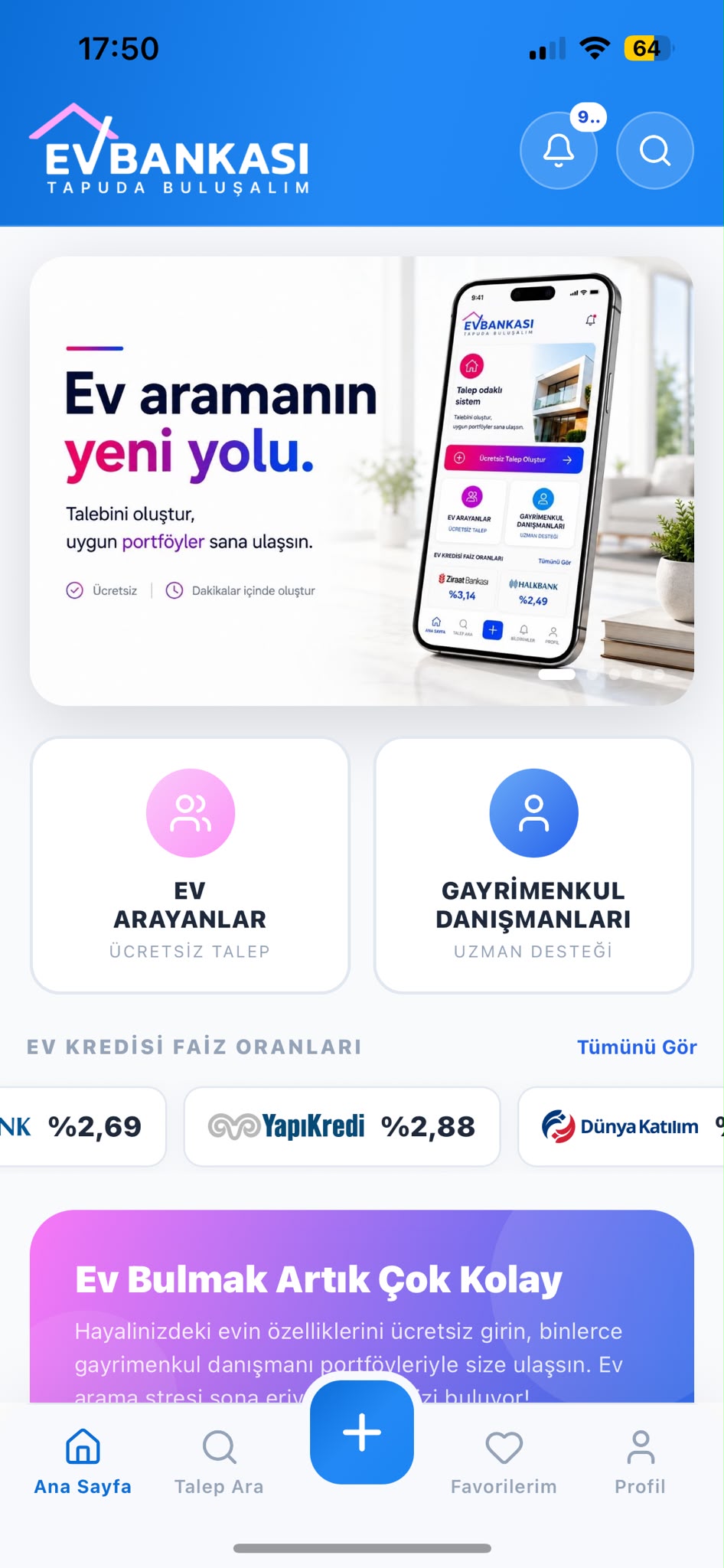 EvBankası uygulama ana ekranı